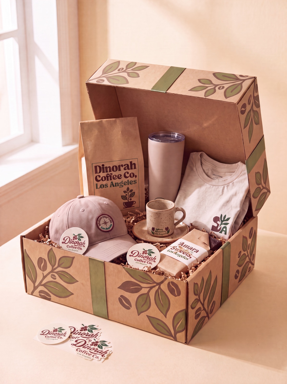 The assembled Found & Made Coffee Box, a hand painted kraft box holding beans, a mug, a tee, a cap, a tumbler, chocolate, and stickers