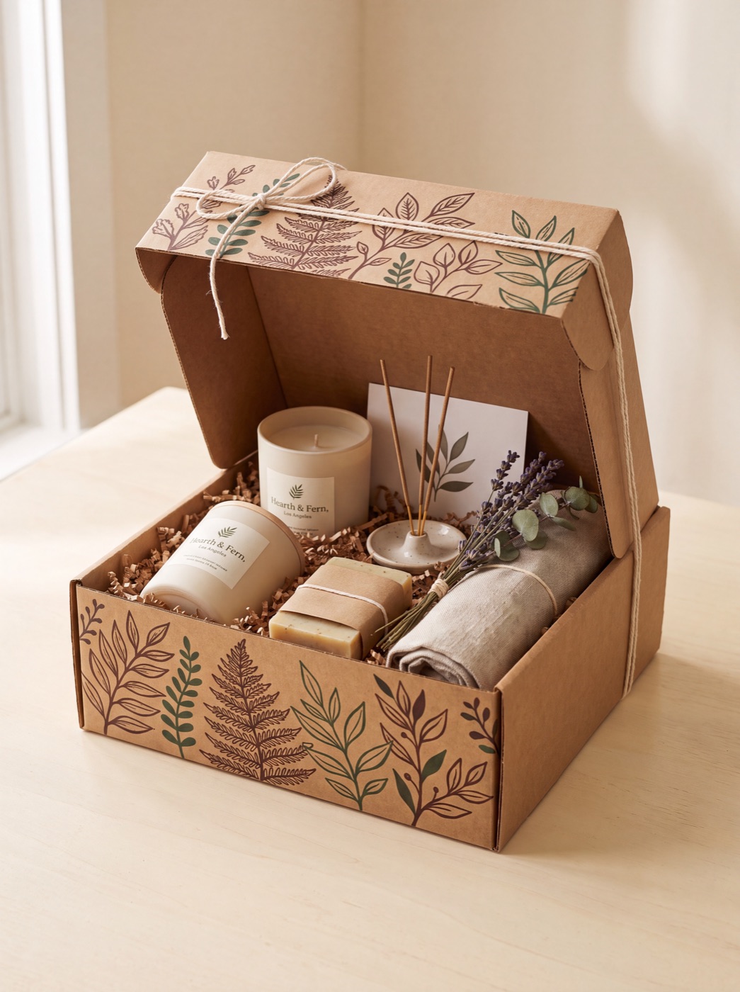 A prototype Home Box, a kraft box painted with ferns holding a candle, reed diffuser, soap, and folded linen