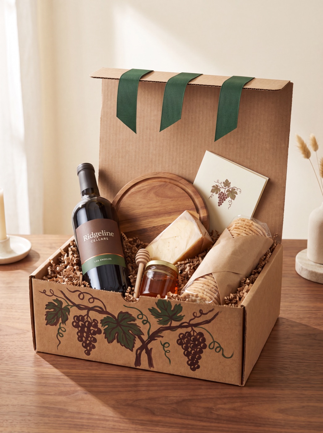 A prototype Wine & Cheese Box, a kraft box painted with grapevines holding a bottle, cheese, crackers, and honey