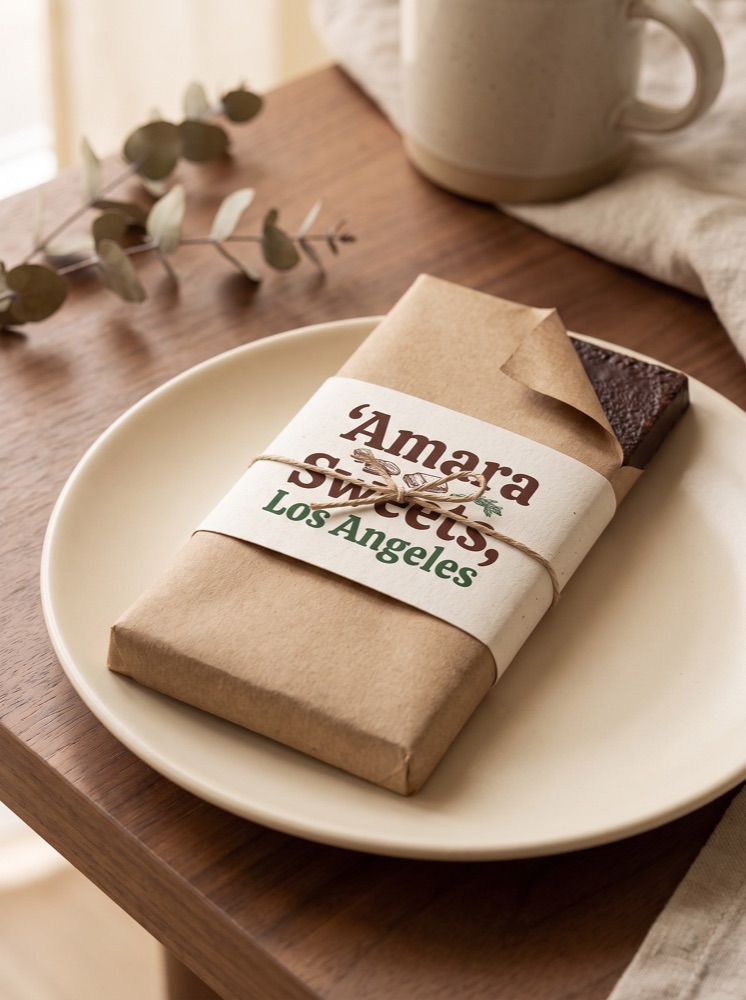 A kraft wrapped chocolate bar with an Amara Sweets label on a ceramic plate