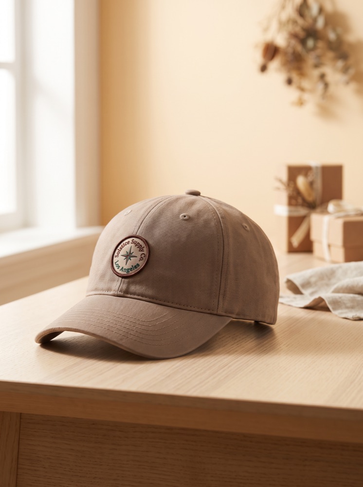 A taupe cap with a Solstice Supply Co Los Angeles patch